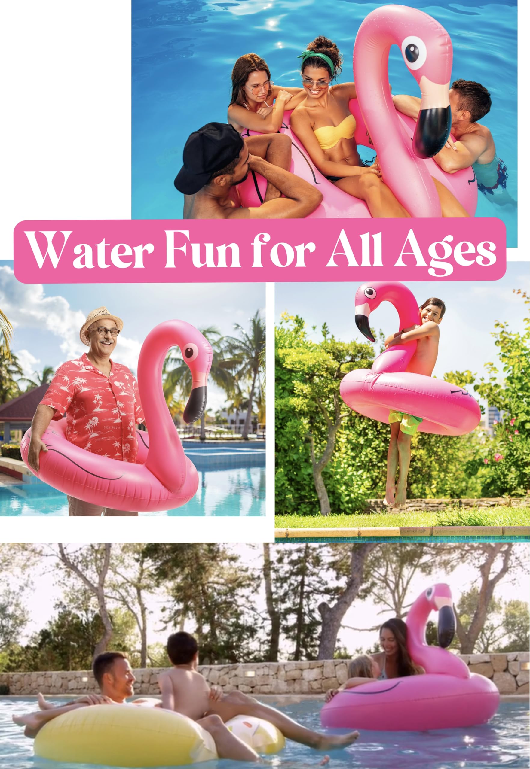 GiftExpress family enjoying flamingo float at pool