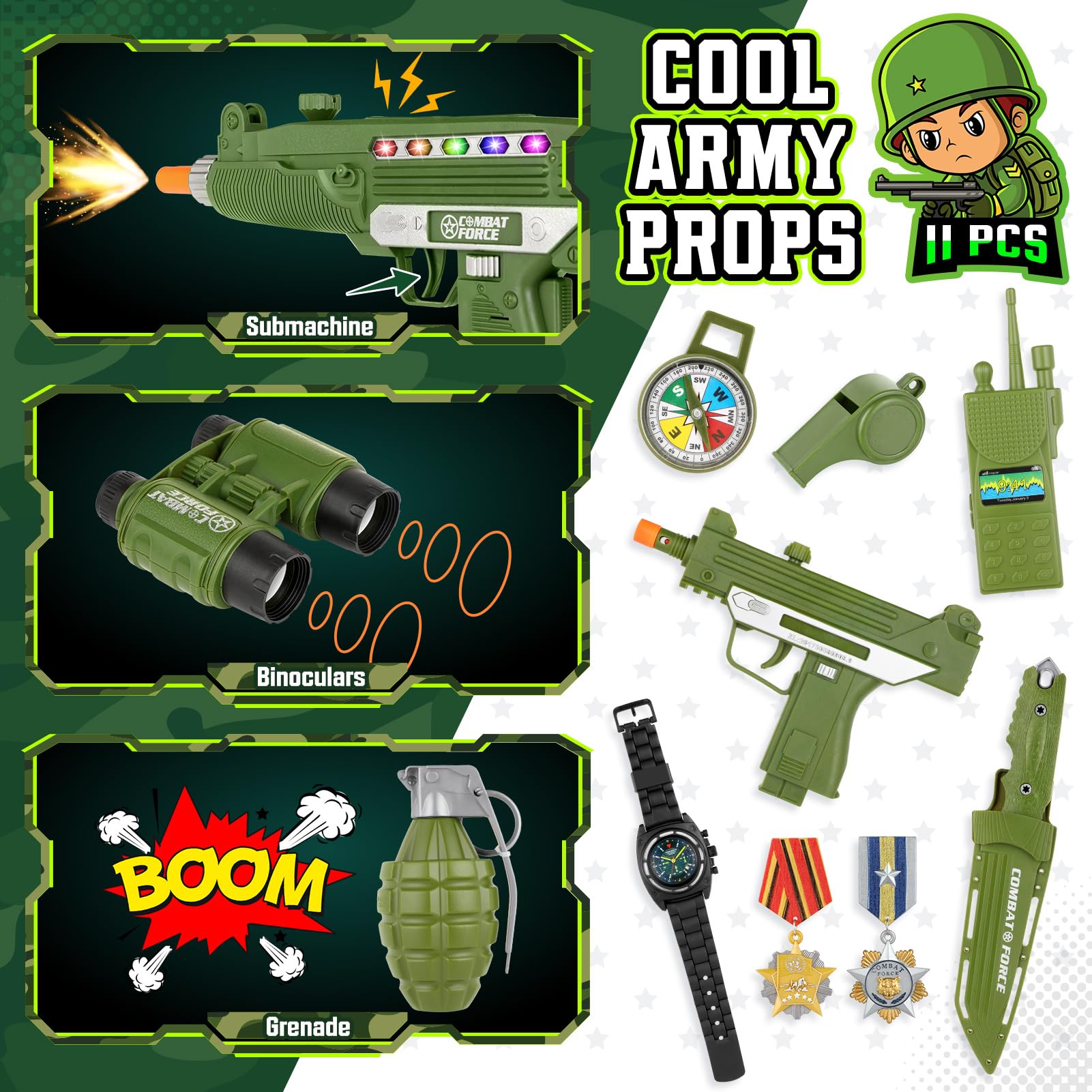 GIFTINBOX army hat completes the look with lightweight, adjustable fit.