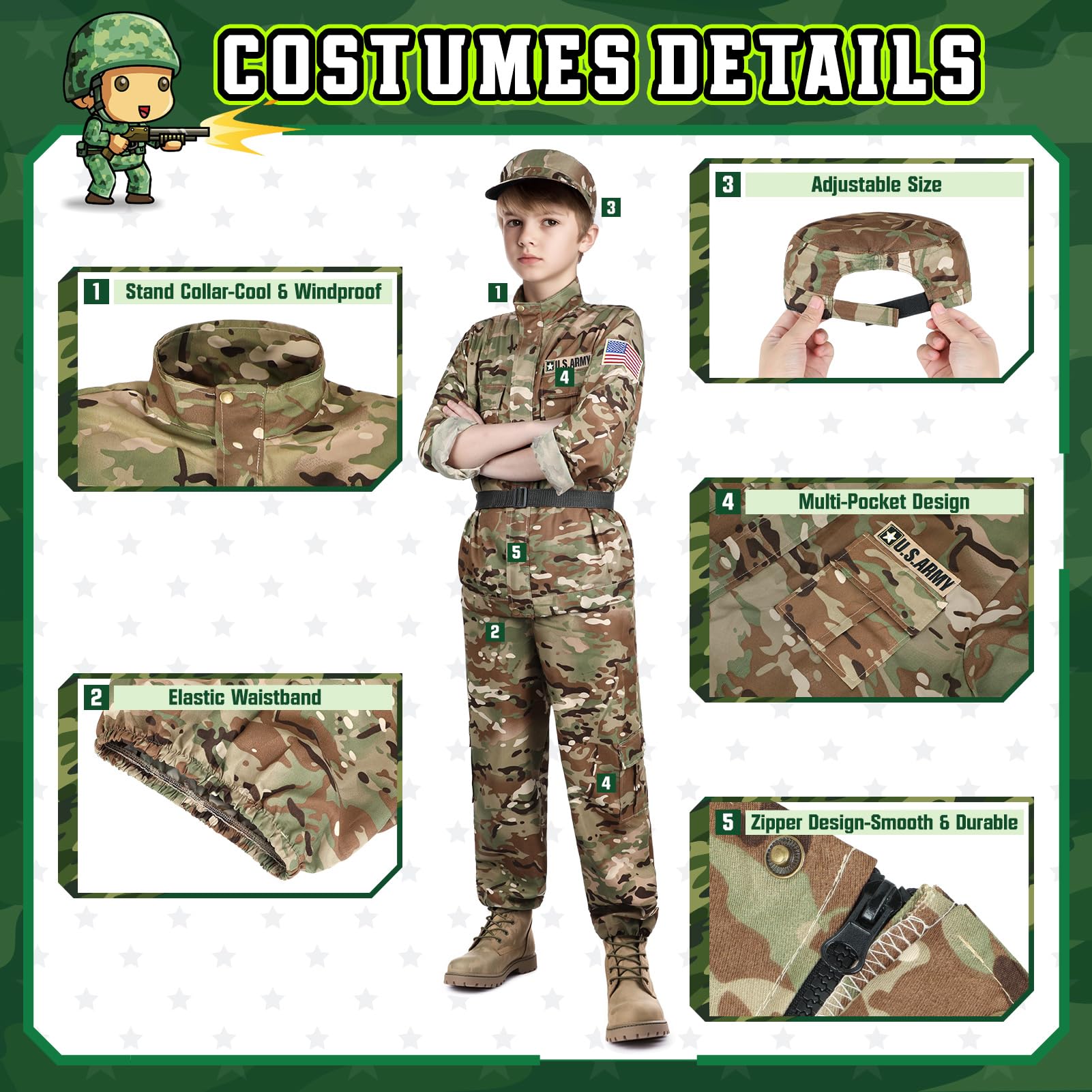 GIFTINBOX army costume pants offer durable fabric and comfort for long pretend play.