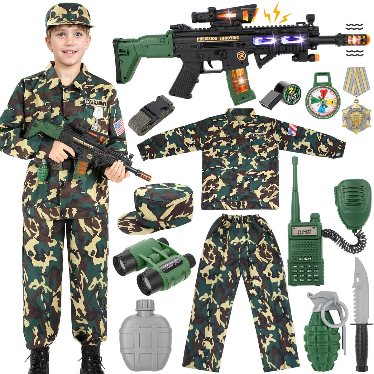 GIFTINBOX kids army costume camouflage uniform for realistic dress up play.