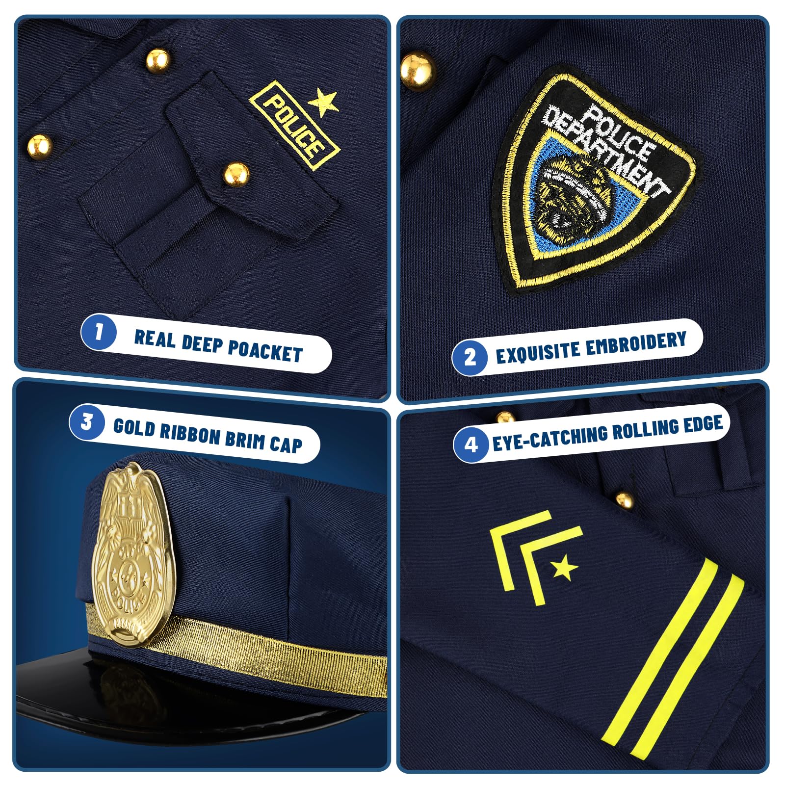 Giftinbox uniform details with embroidery and gold buttons for a polished look.
