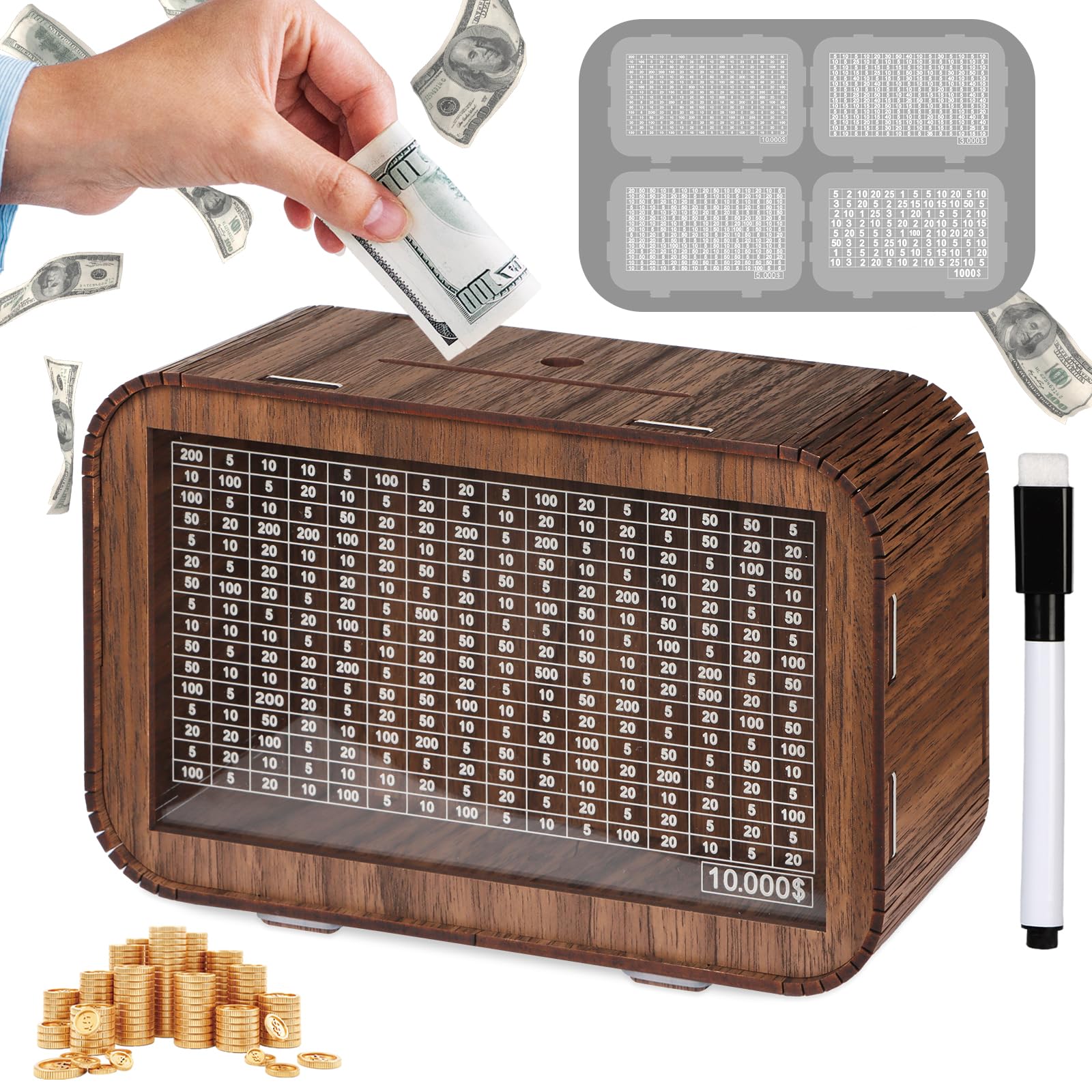 Giftota 4-in-1 piggy bank fully assembled with clear boards for easy saving tracking
