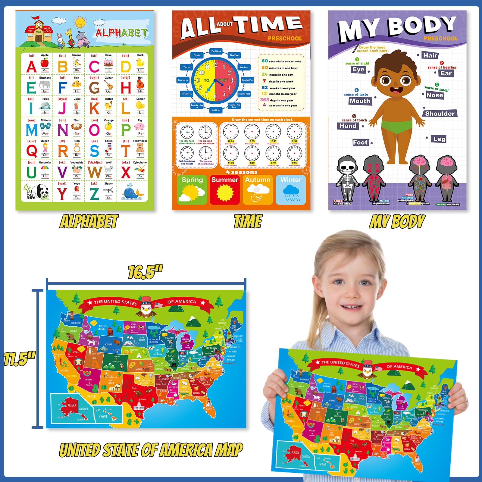 Gifts2U educational posters stimulate literacy and time-telling with vibrant visuals.