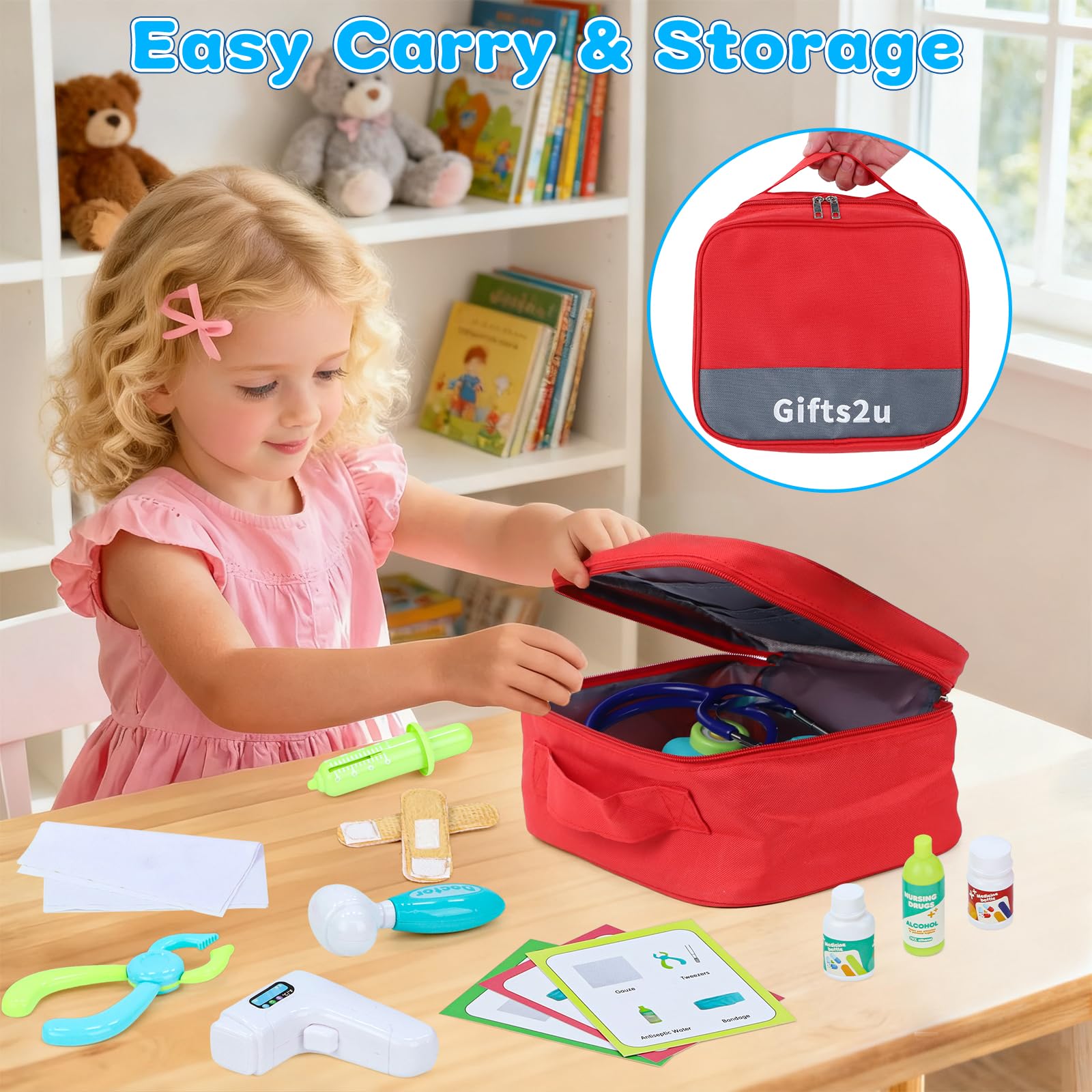 Gifts2U Kids First-Aid Kit toy bandages encourages gentle empathy and helpful pretend care.