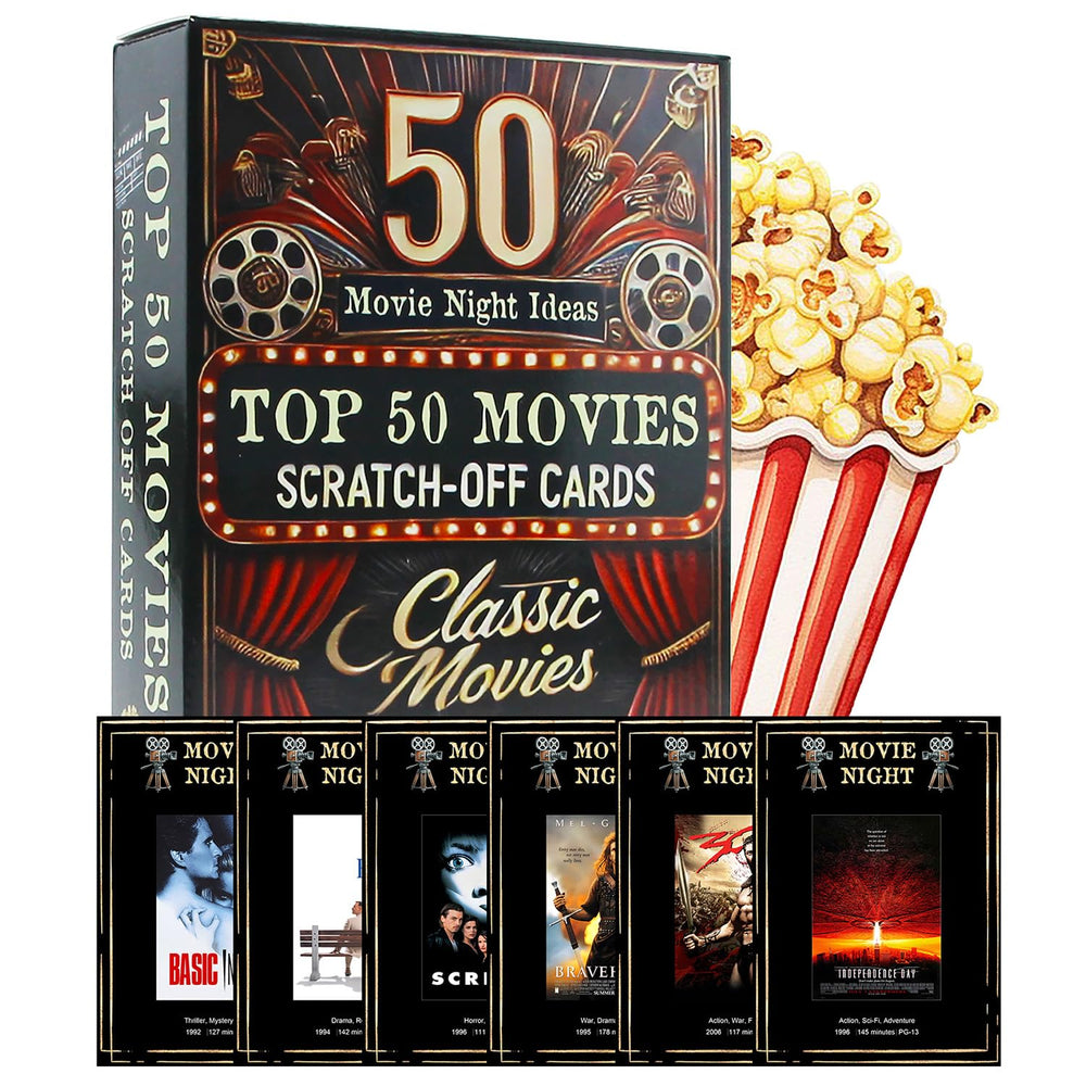 GIFTSFARM Top 50 scratch-off cards featuring vivid movie scenes for engaging movie nights