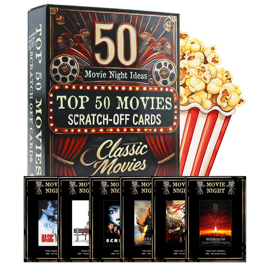 GIFTSFARM Top 50 scratch-off cards featuring vivid movie scenes for engaging movie nights
