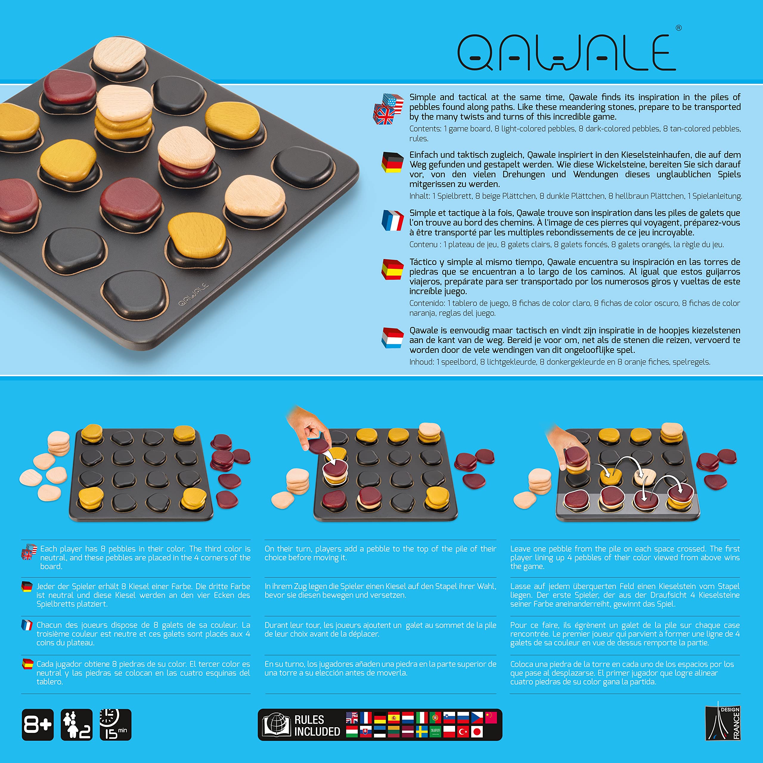 Gigamic Qawale color stacks on top highlight tactical moves for two players.