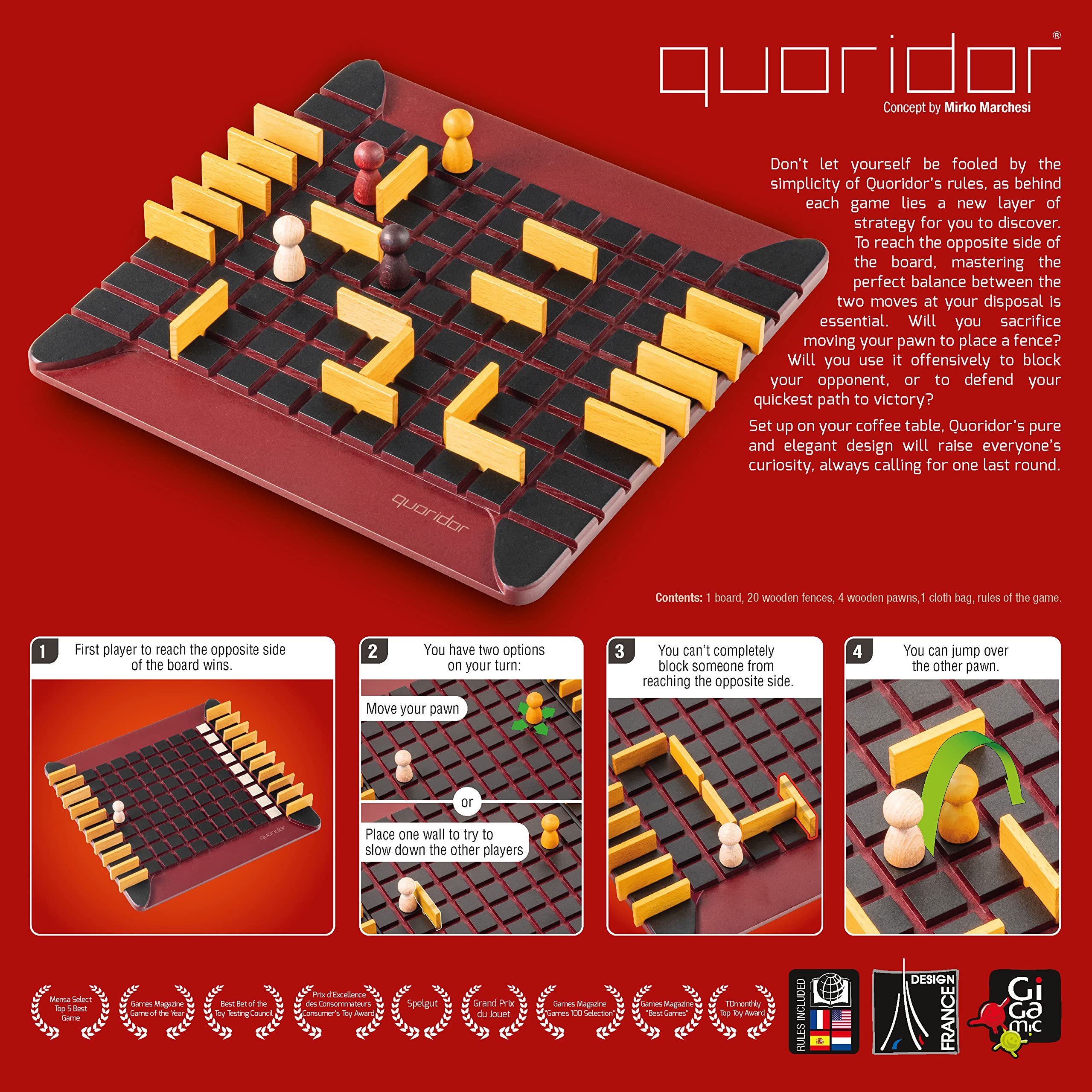 GIGAMIC Quoridor wooden pieces closeup highlighting natural finish