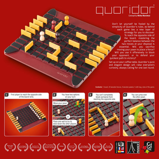 GIGAMIC Quoridor wooden pieces closeup highlighting natural finish