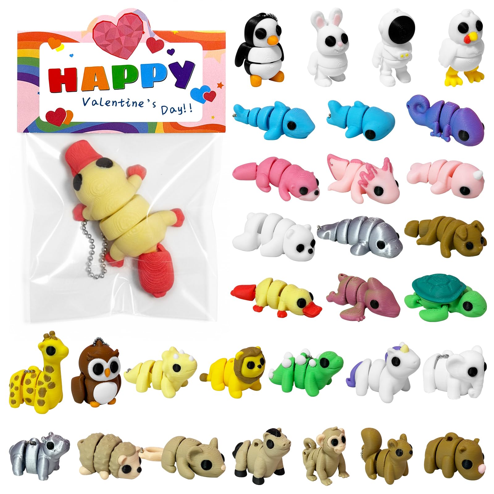 Giggiftrio 3D-printed mini animals with chains ready to hang for classroom valentines.