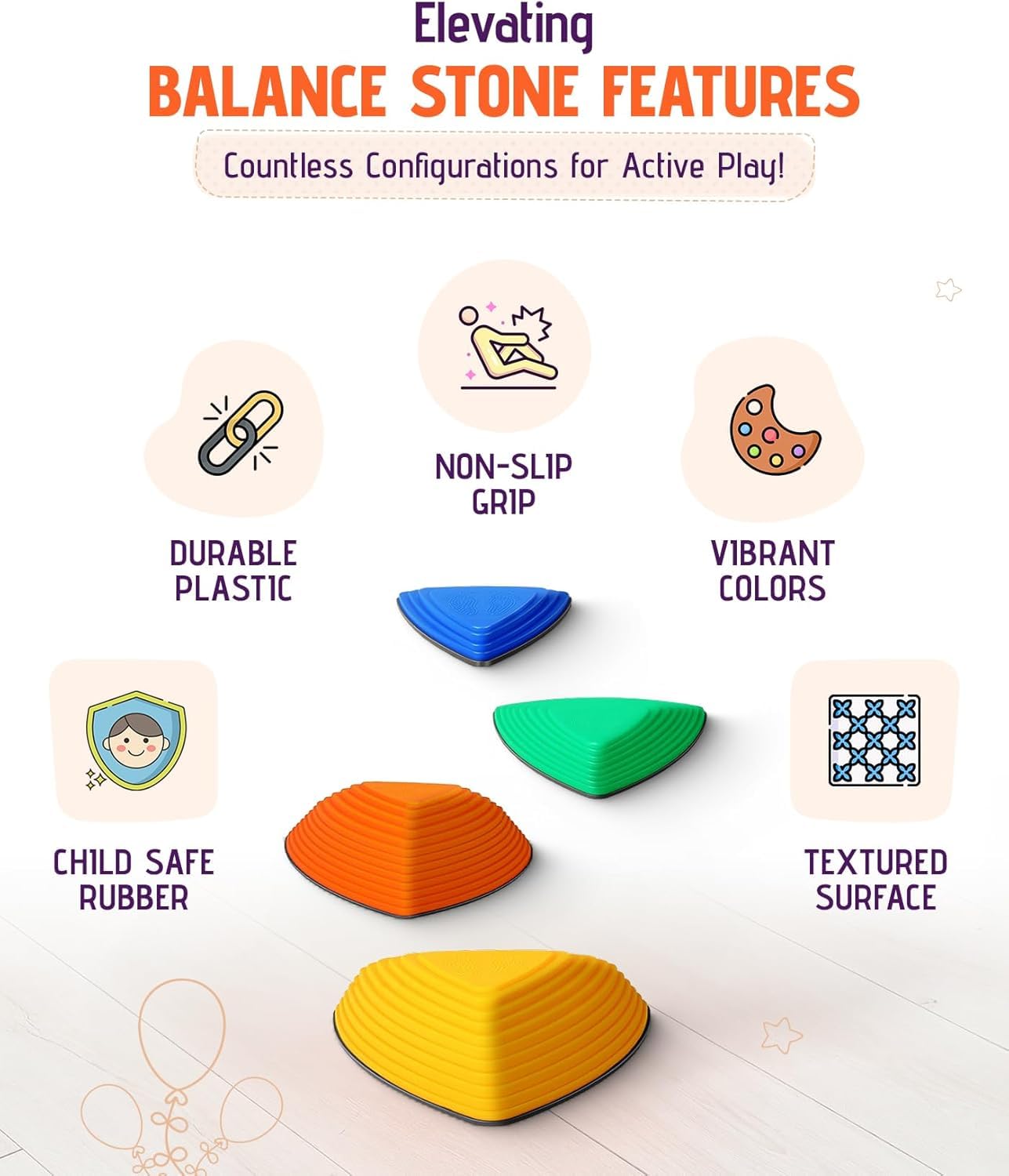 Giggle & Play stones stacked neatly for easy storage after playtime.