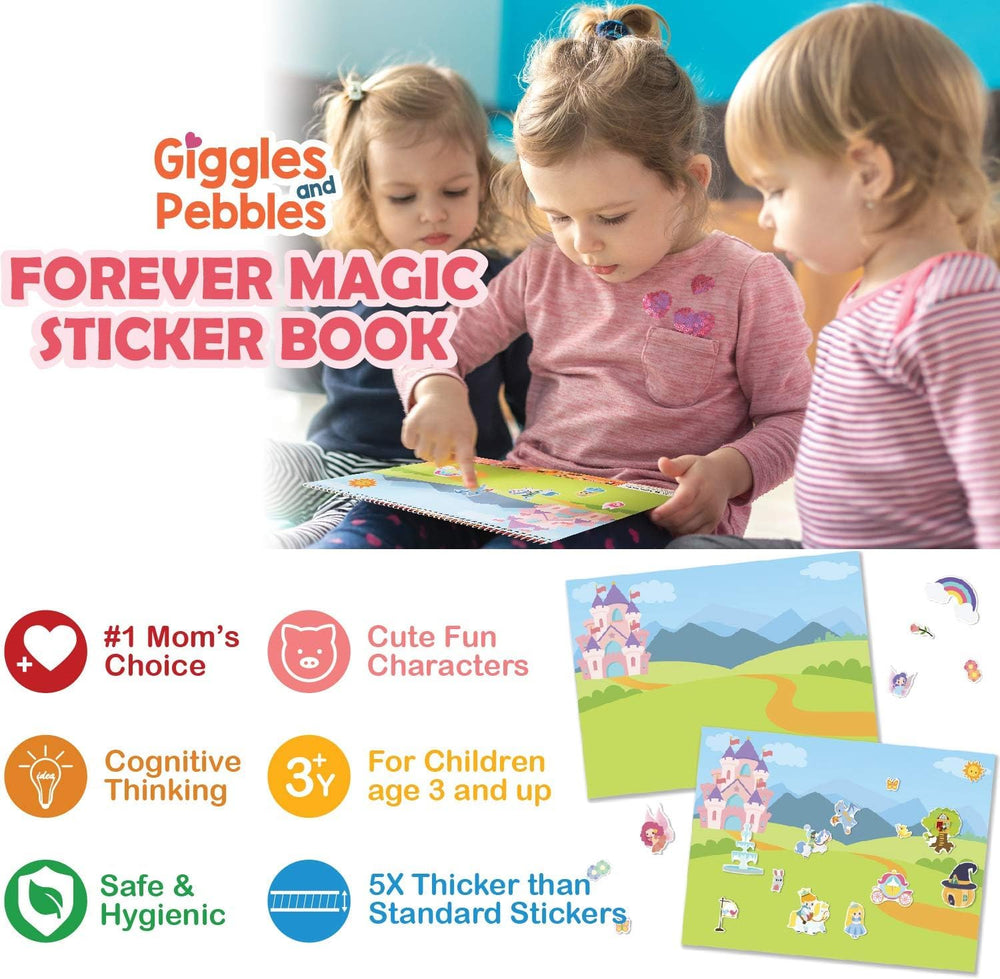 Giggles and Pebbles close-up cling shows mess-free reusable stickers in action.