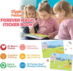 Giggles and Pebbles close-up cling shows mess-free reusable stickers in action.