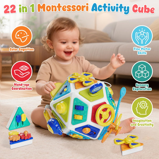 Gigilli Busy Cube side panel with buttons promoting hand-eye coordination.