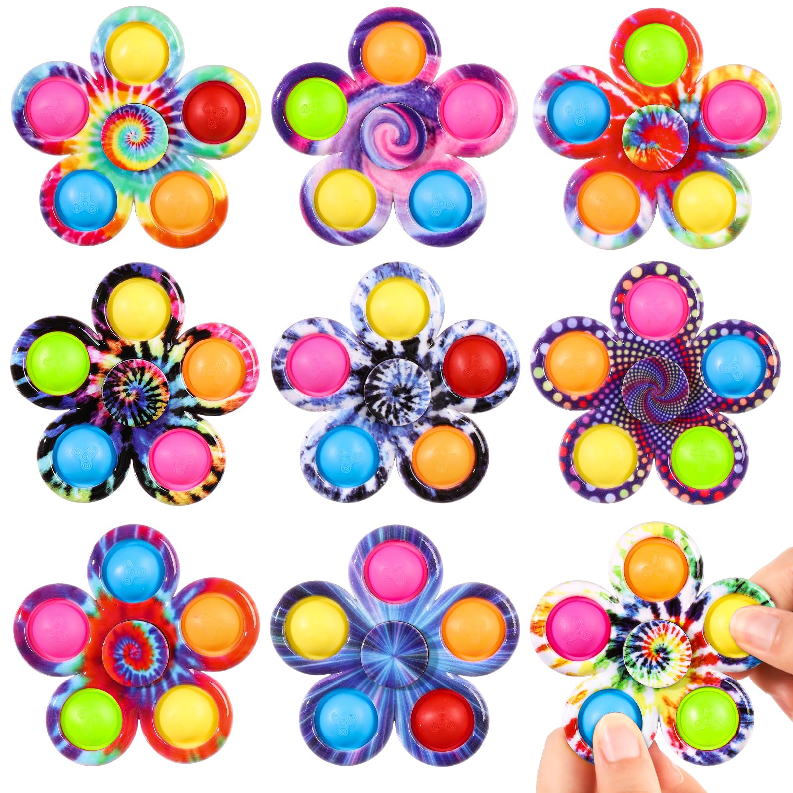 Gigilli fidget spinner 9-pack with tie-dye designs boosts focus during class.