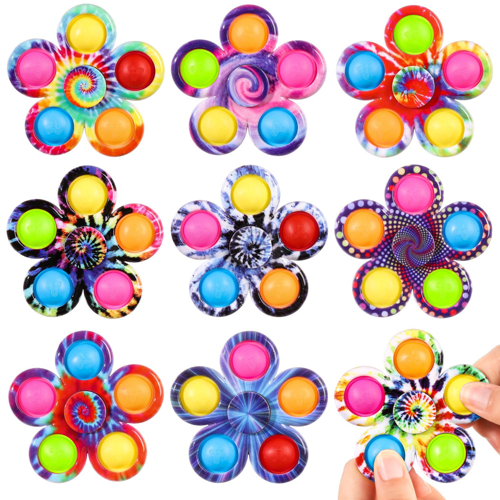 Gigilli fidget spinner 9-pack with tie-dye designs boosts focus during class.