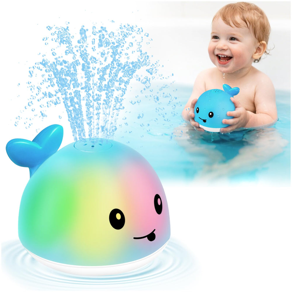Gigilli Whale bath toy sprinkler shows water spray and color lights for bath time.