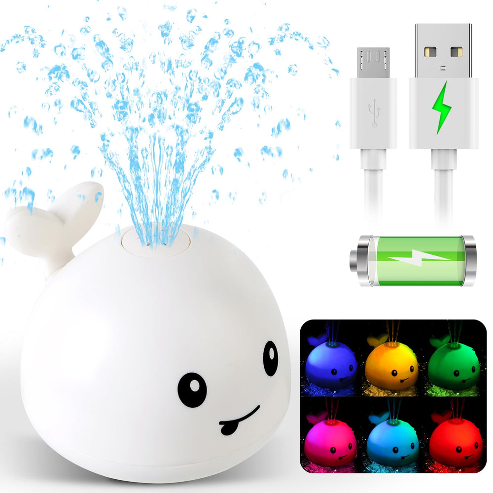 Gigilli whale bath toy sprinkler in action with water spray and colorful lights