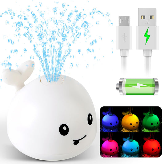 Gigilli whale bath toy sprinkler in action with water spray and colorful lights