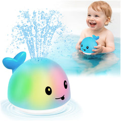 Gigilli Whale bath toy sprinkler shows water spray and color lights for bath time.