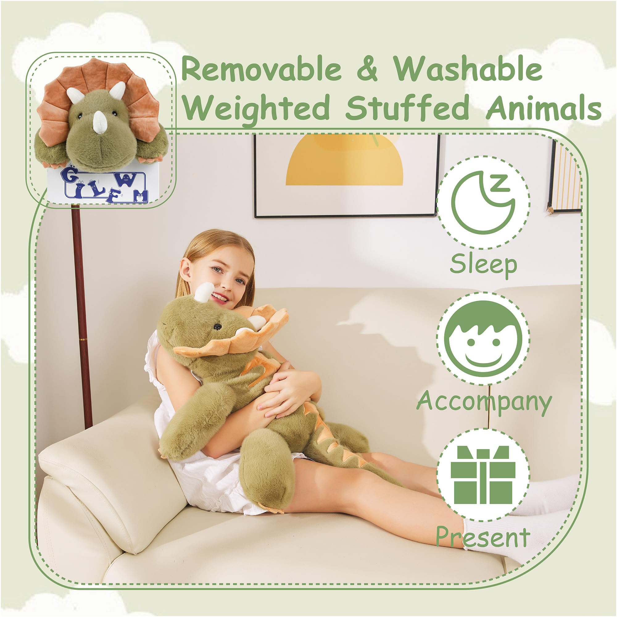 GILFWM dinosaur weighted plush in a reading nook scene for cozy moments.
