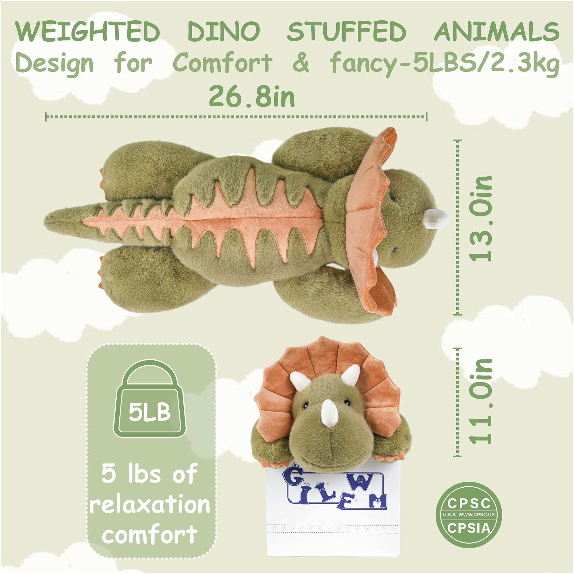 GILFWM dinosaur weighted plush, removable weights for easy cleaning.