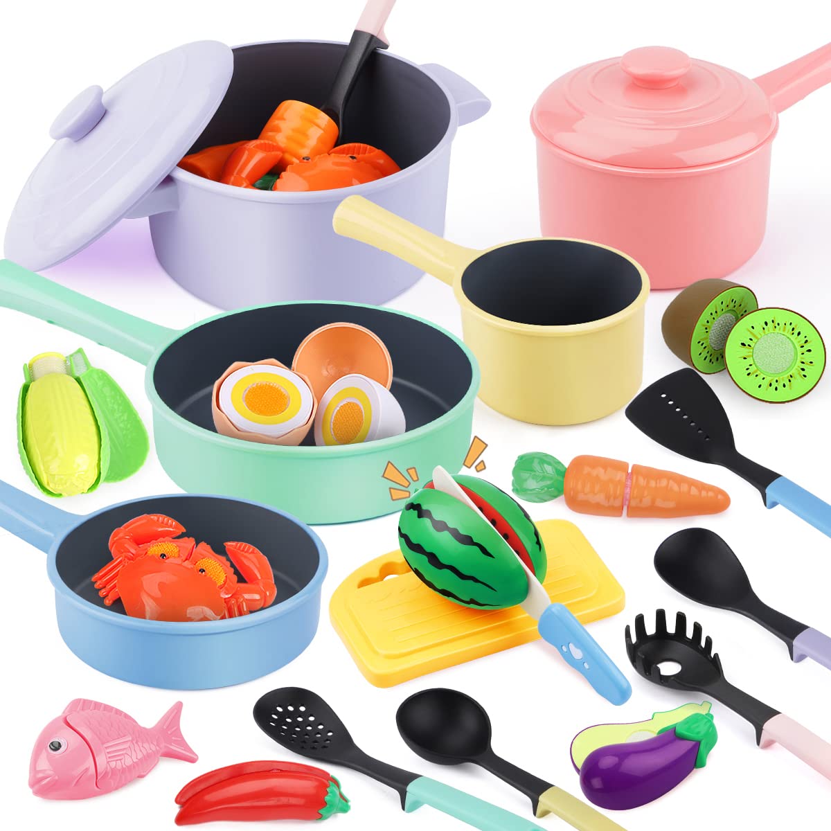 GILOBABY pots and pans set for kids kitchen play, supports imaginative cooking and fine motor skills.