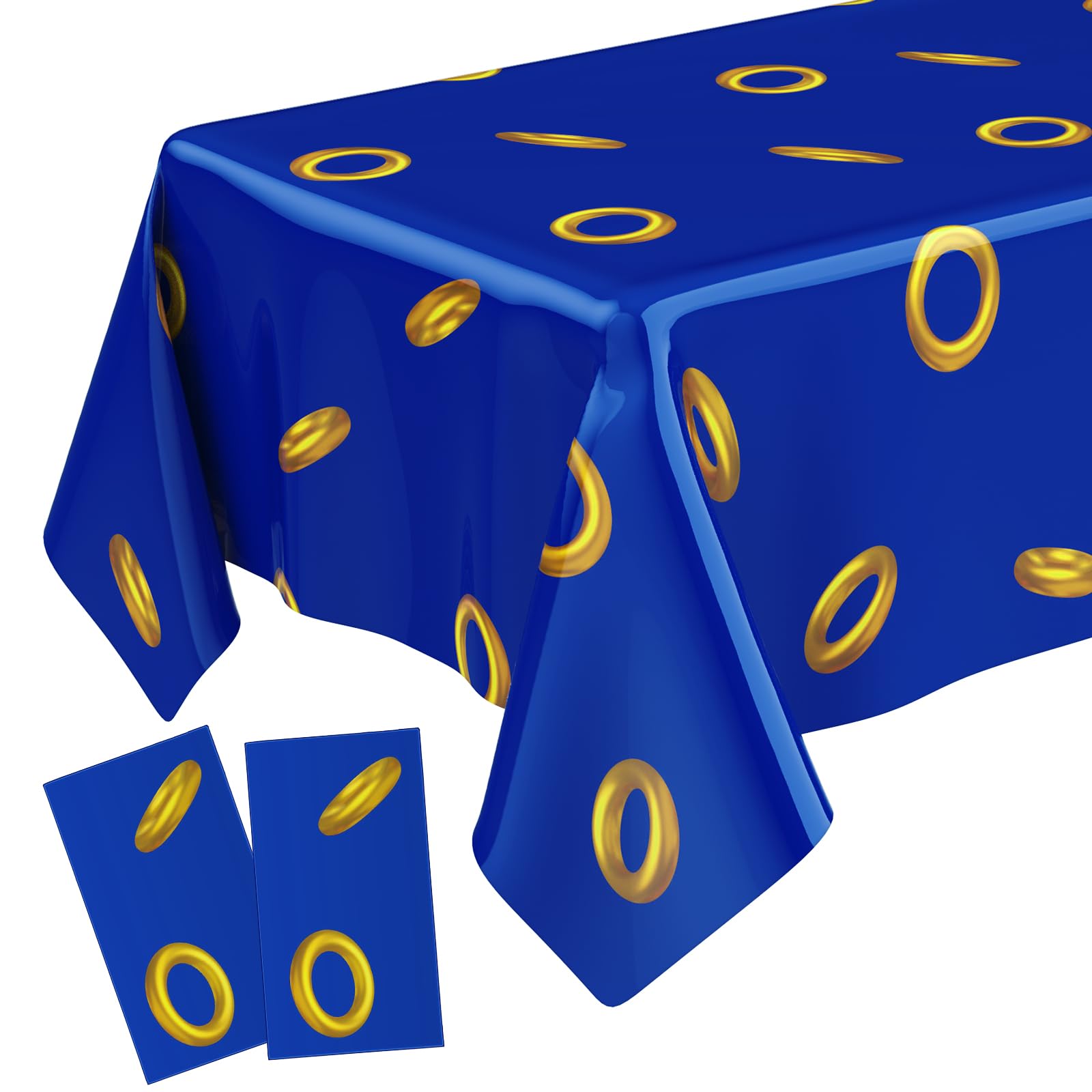 Gilprop blue tablecloth with gold ring pattern laid flat for a stylish party setting.
