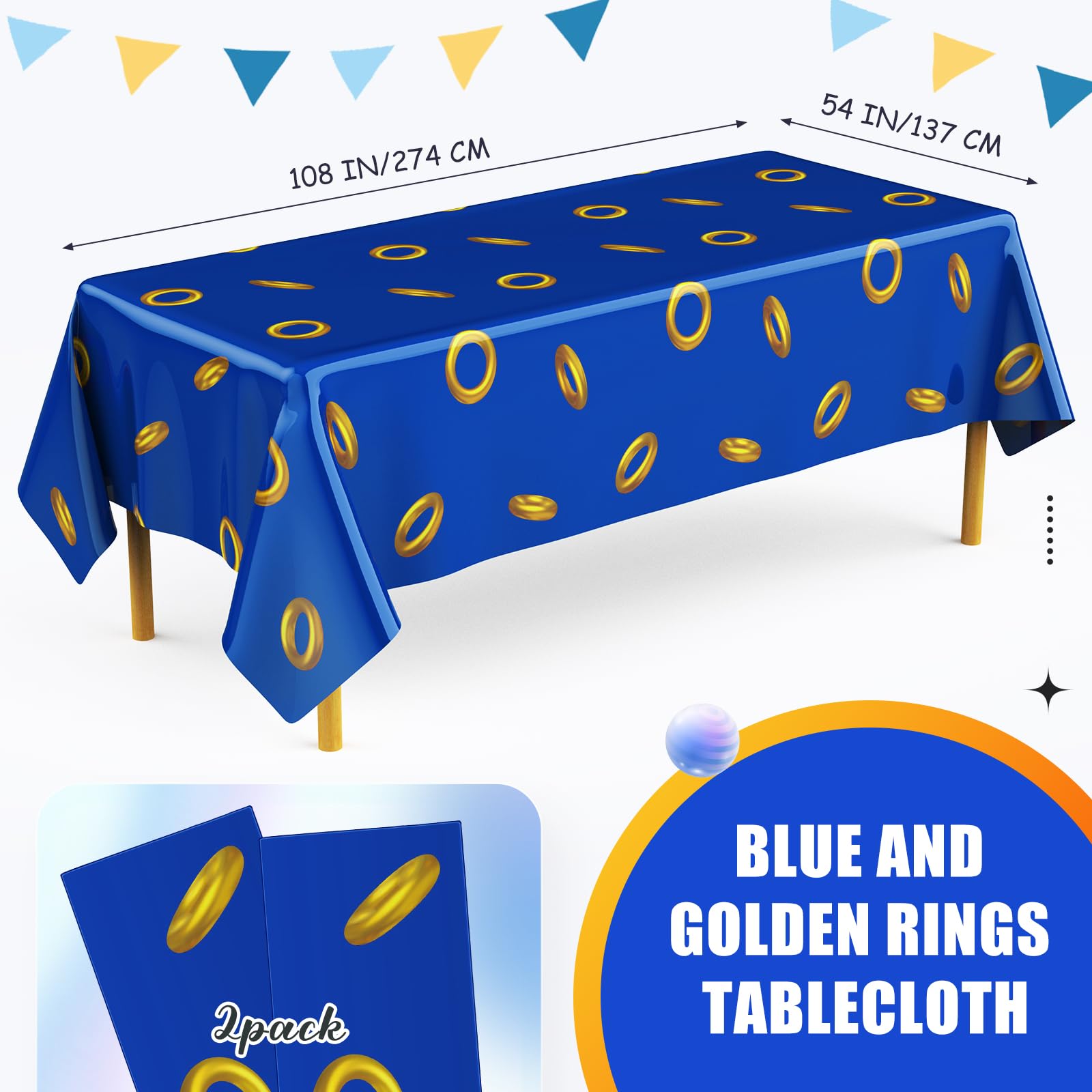 Gilprop blue tablecloth spread on a table with gold rings for an elegant celebration.