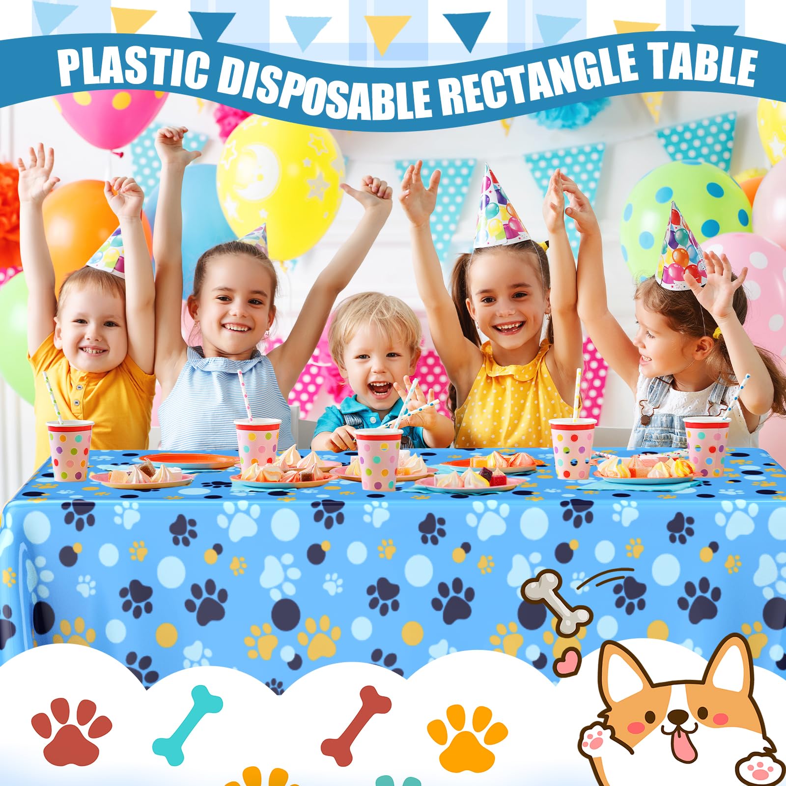 Gilprop family dining setup with paw print tablecloth for gatherings