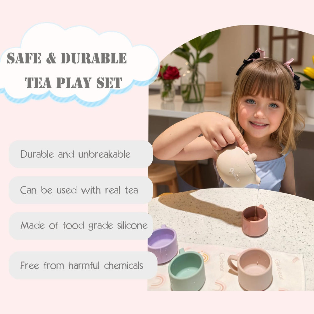 Ginbear silicone tea cups in multiple colors for interactive pretend tea time.