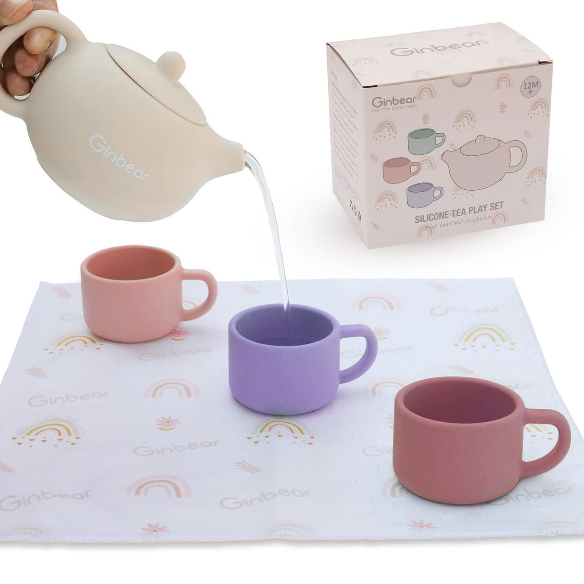 Ginbear silicone tea pot with lid for safe, durable toddler play.