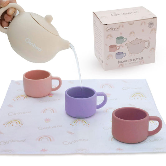 Ginbear silicone tea pot with lid for safe, durable toddler play.