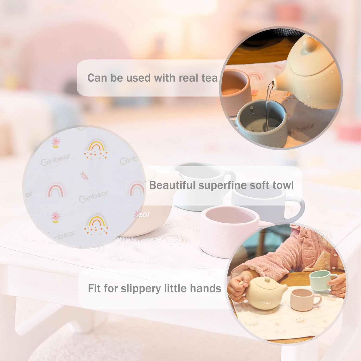 Ginbear soft cloth napkin included for gentle cleanup after tea.