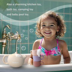 Ginbear pouring action demonstrates simple water play and social interaction.