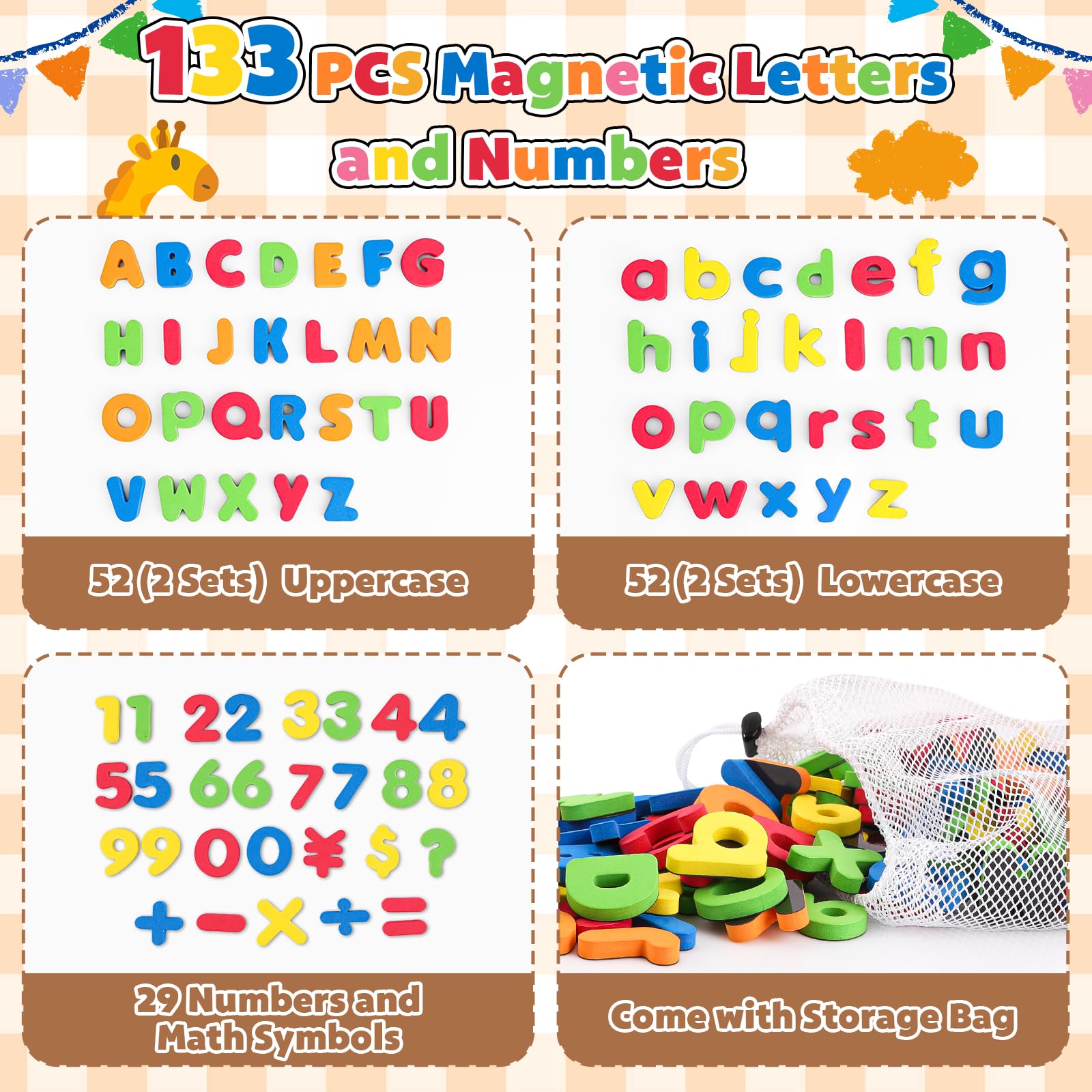 GINMIC alphabet magnets in bright colors aid early recognition and play.