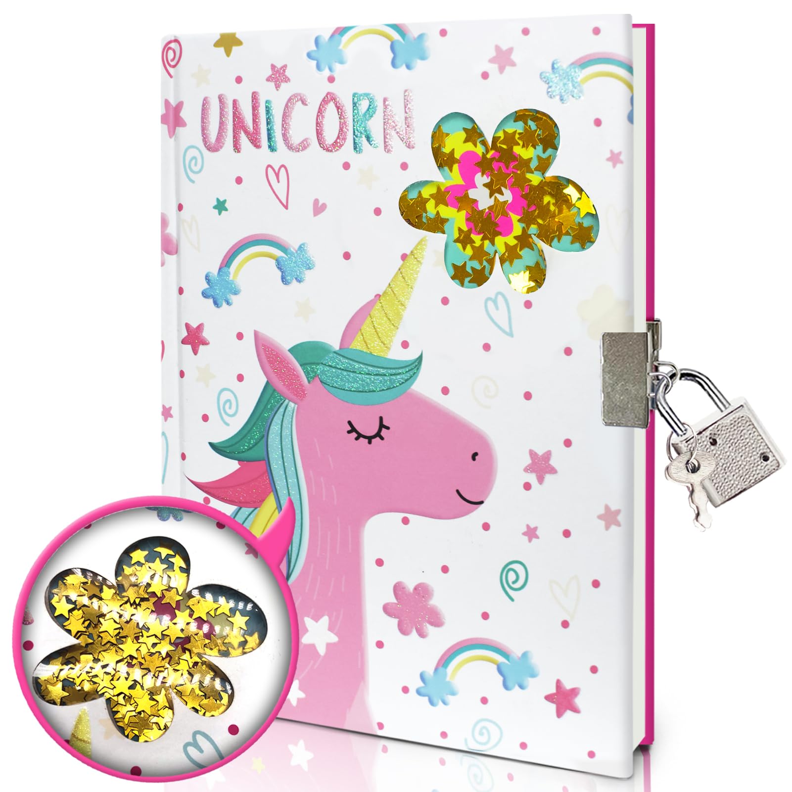 GINMLYDA unicorn diary front cover with glittering sequin for imaginative writing.