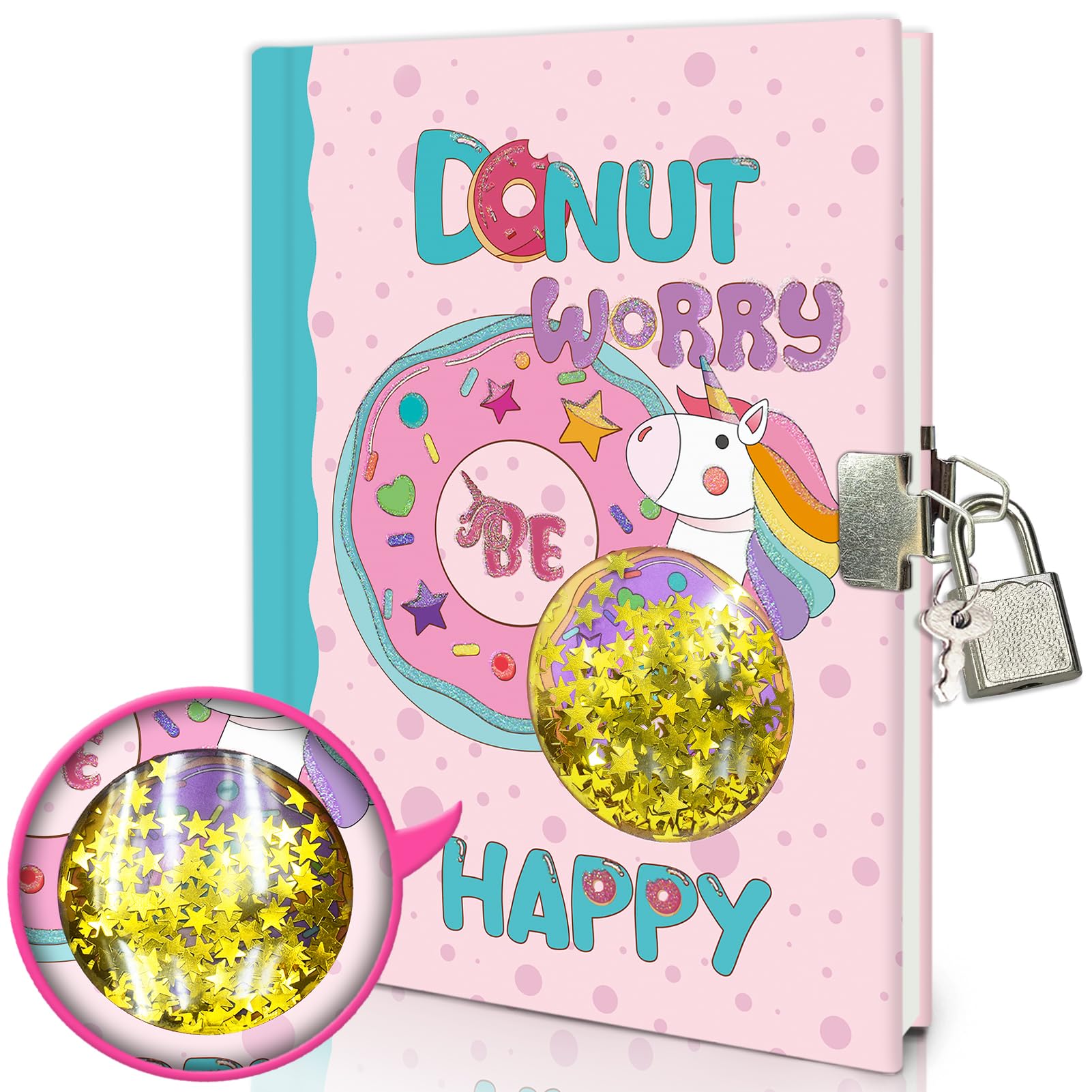 GINMLYDA Girls Diary with Lock front cover featuring pink doughnut design for private writing
