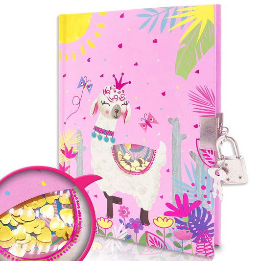GINMLYDA Girls Diary with Lock front cover alpaca design for private writing.