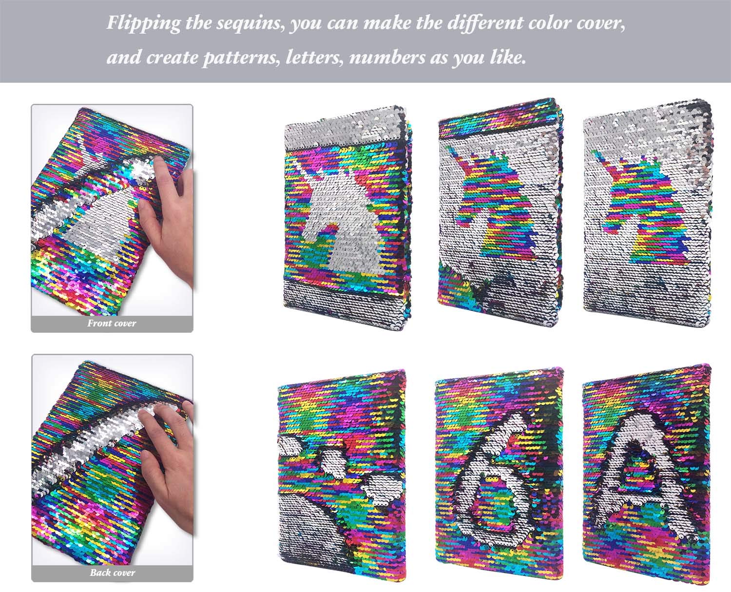 Close-up of reversible unicorn sequins turning from silver to rainbow hues.