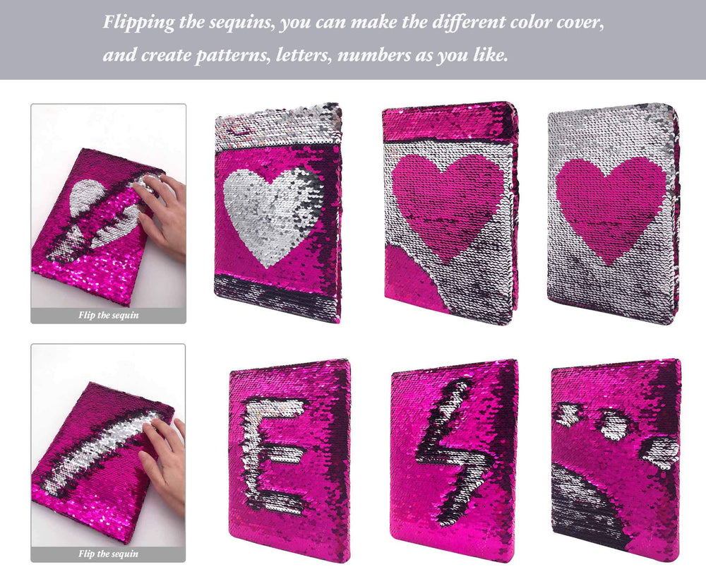 GINMLYDA journal shows reversible sequins flipping to rose pink and silver