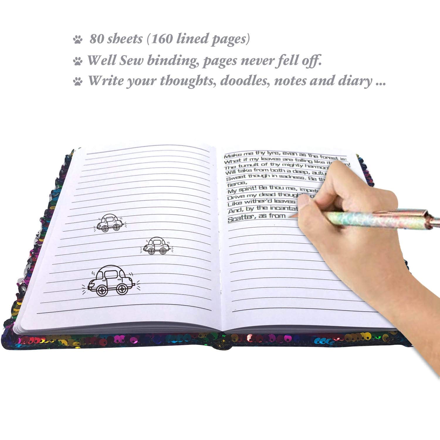 Unicorn motif and color-change sequins spark imagination during journaling.