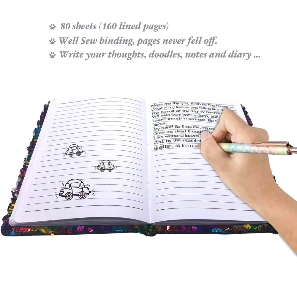 Unicorn motif and color-change sequins spark imagination during journaling.