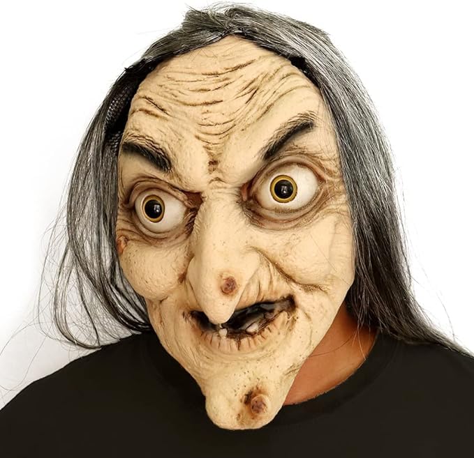 Ginoba witch mask with realistic old woman face for a spooky Halloween look.