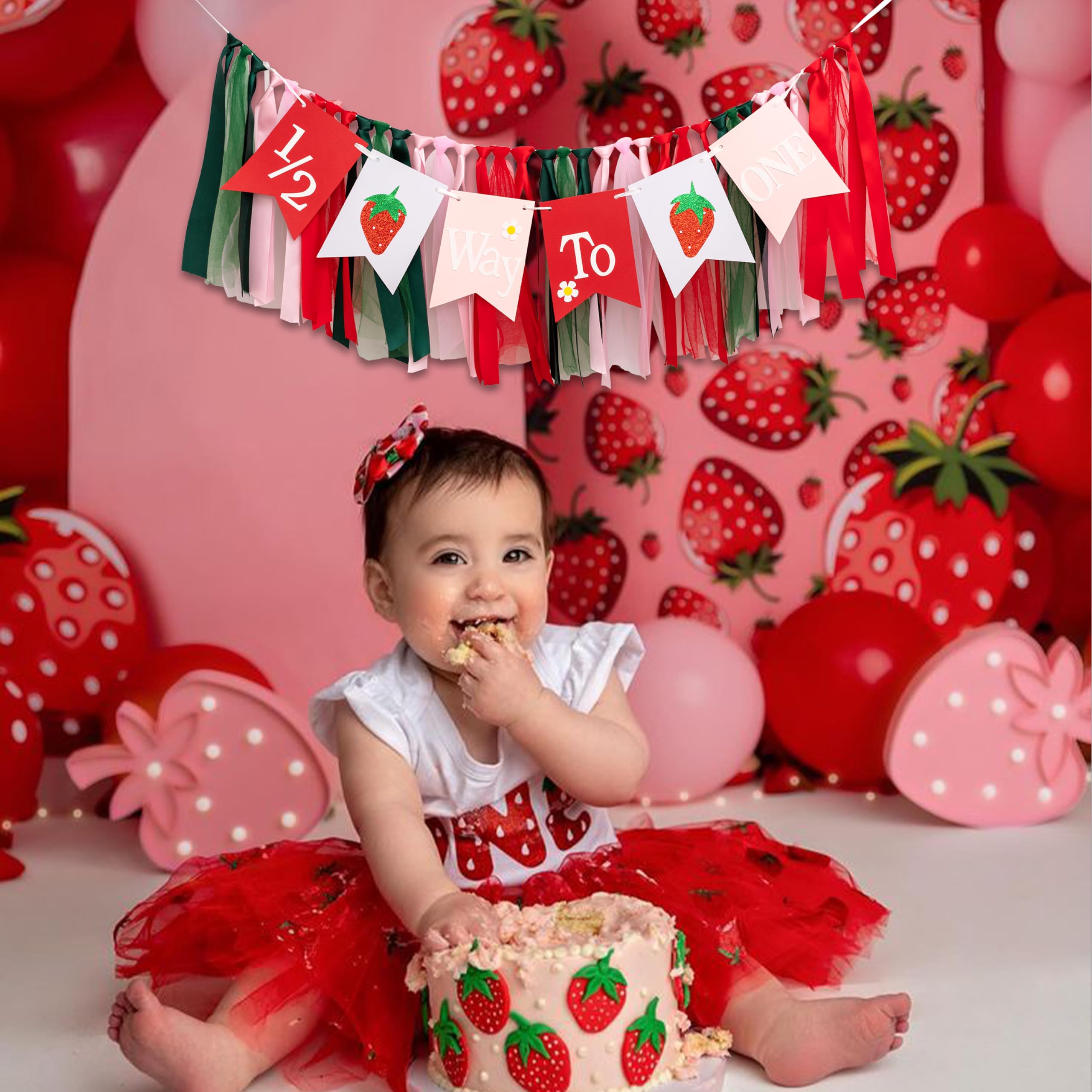 GIOGUK strawberry-theme decor banner boosts whimsy and photo-worthy moments.