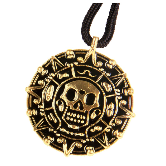 Giraffe Manufacturing medallion pirate skull necklace pendant with gold tone, ideal for cosplay