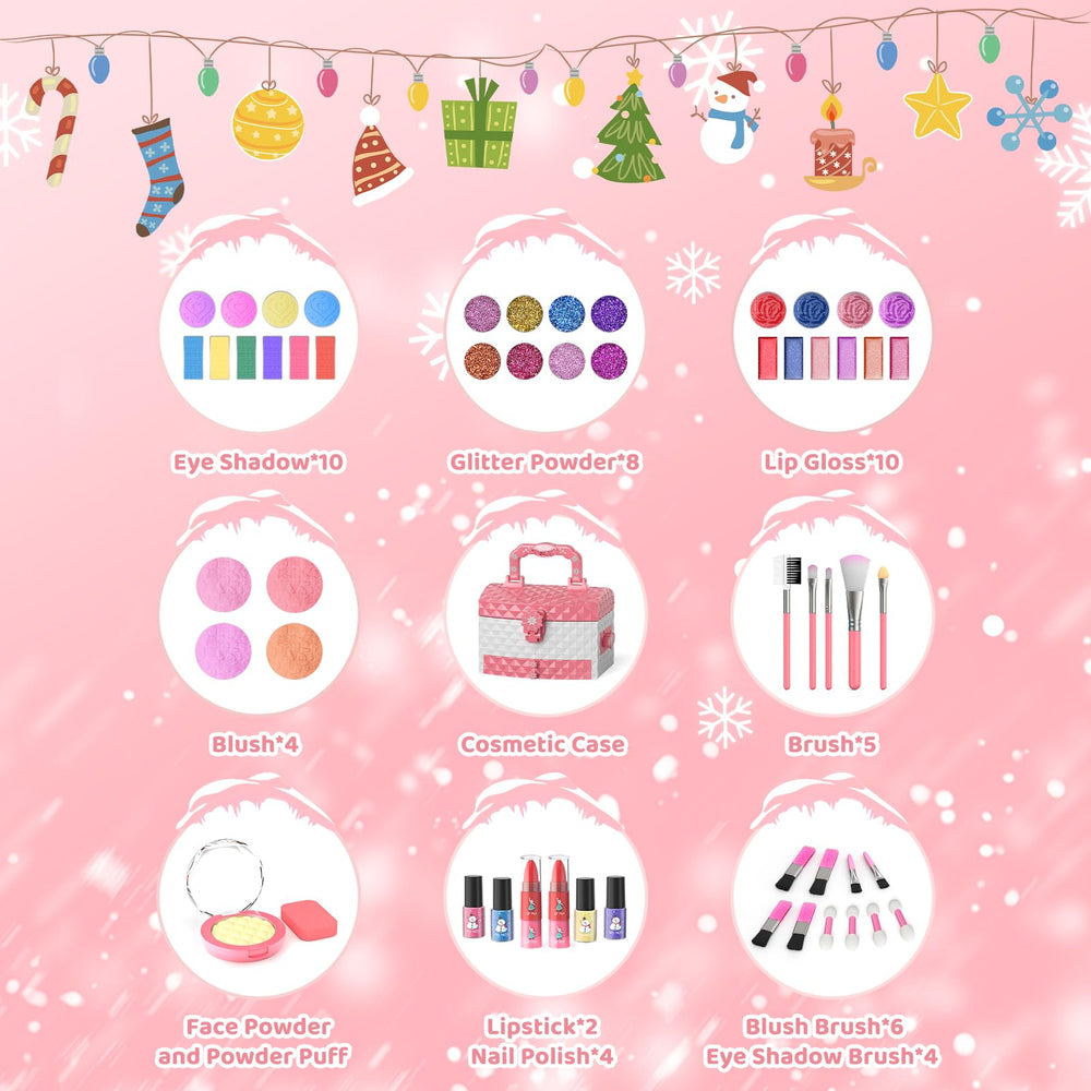 GirlsHome Frozen Pink makeup set opened reveals colorful eye shadows and gloss
