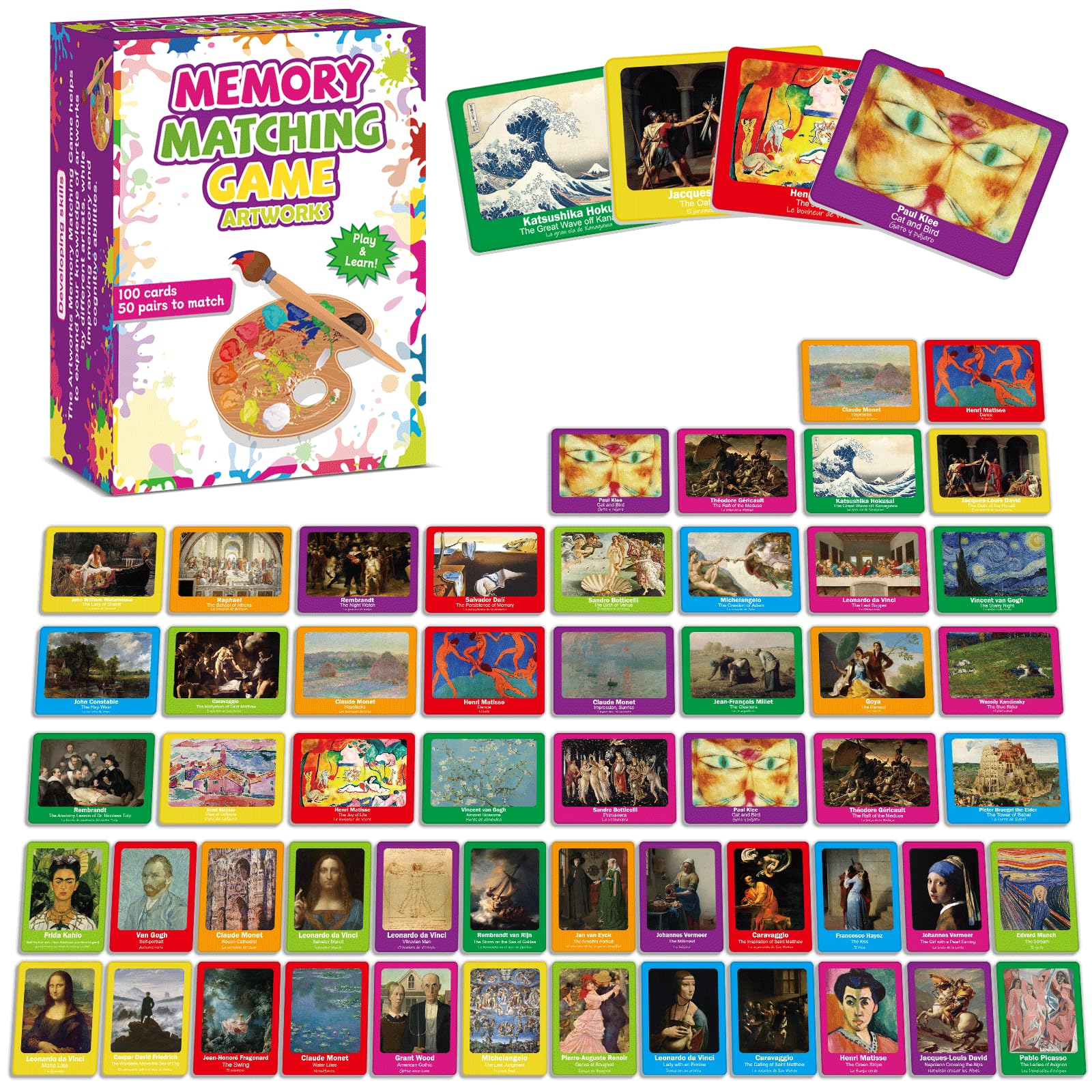 gisgfim 50-pairs memory matching cards featuring famous paintings for engaging learning