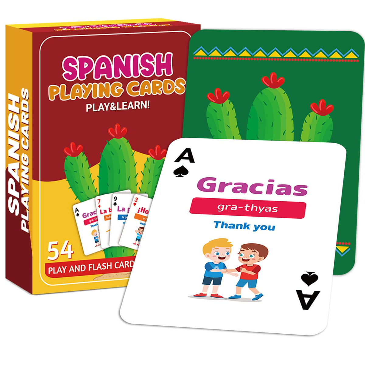 gisgfim 54 Spanish phrases playing cards front illustration helps beginner learning with visual cues.