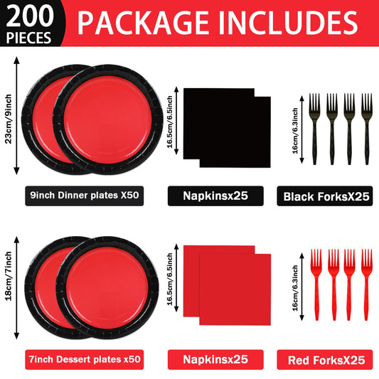 gisgfim red and black dessert plates add contrast to sweet treats.